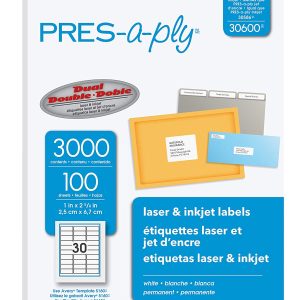 ETIQUETA AVERY NO.30600 LASER BCA. PRESAPLY 2.54X6.67CM 3000 PZAS *
