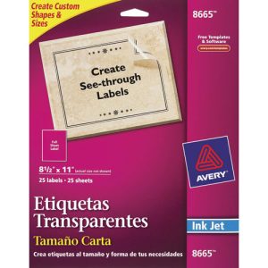 ETIQUETA AVERY NO.8665 INKJET TRANSPARENTE 3.4X10.2 CM C/25 *